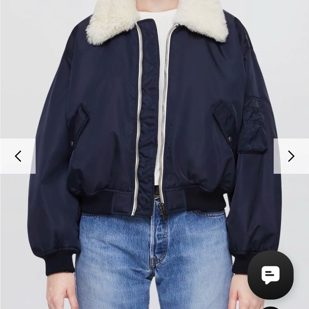 Re/Done Shrunken Dark Blue Bomber Jacket with shearling White Collar
